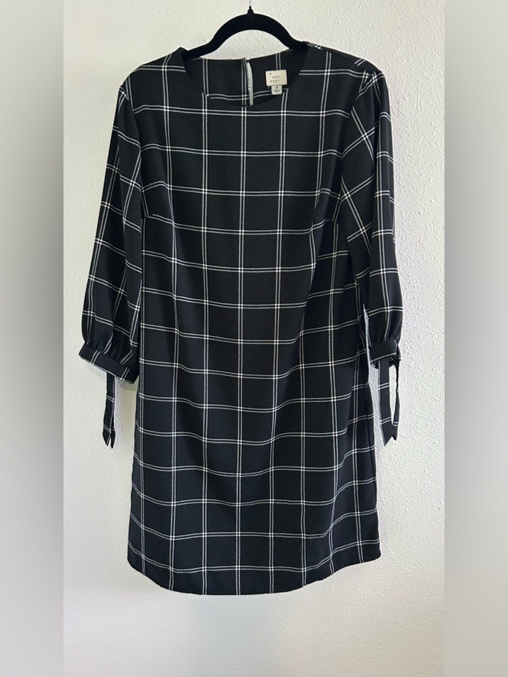 a new day Black Windowpane Shift Dress with Tie Cuffs